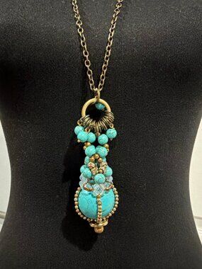 Pam Hiran Anthropologie Turquoise Pendant Necklace Long Brass Signed